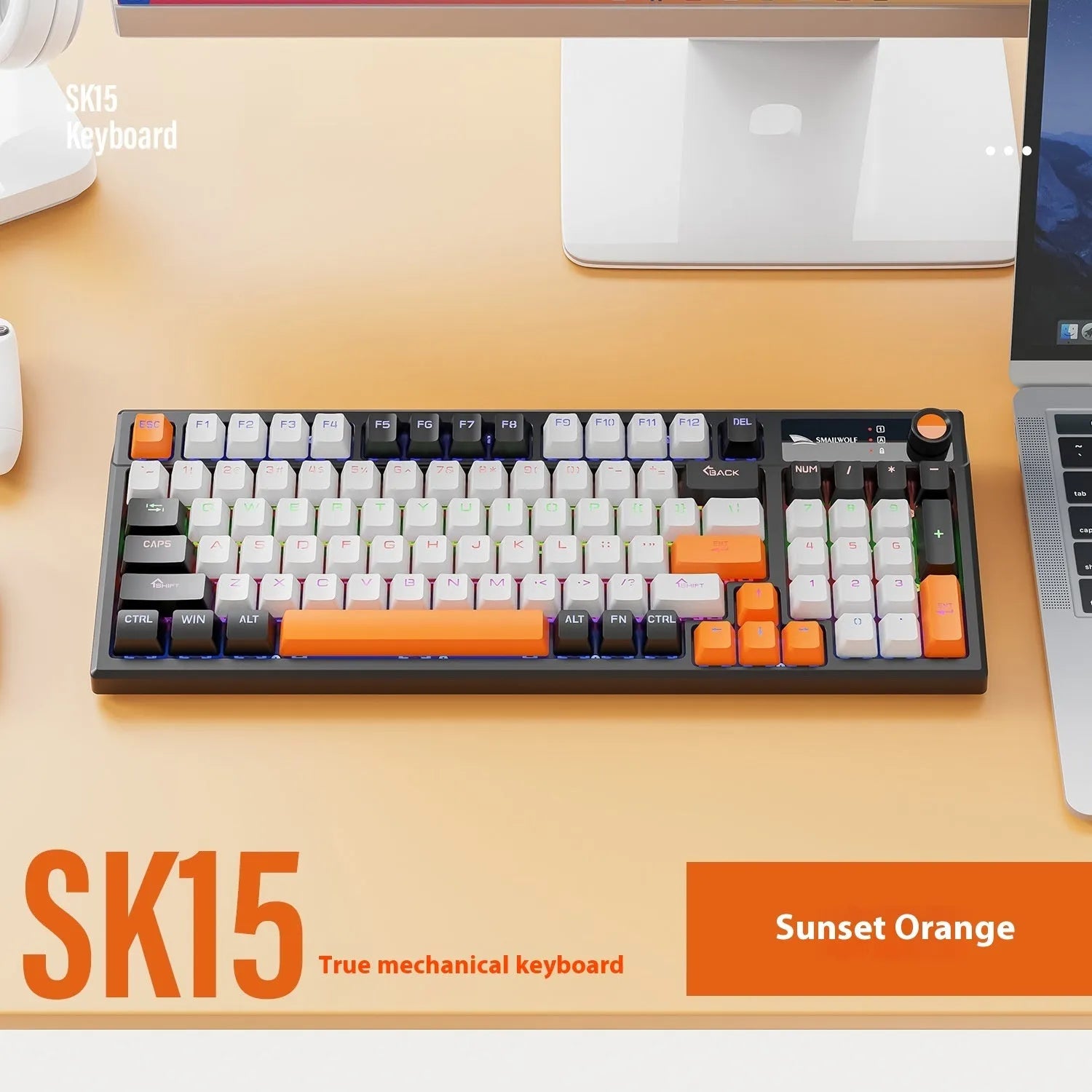 SK15 wired mechanical keyboard for laptops in sunset orange colour with mixed light green switches