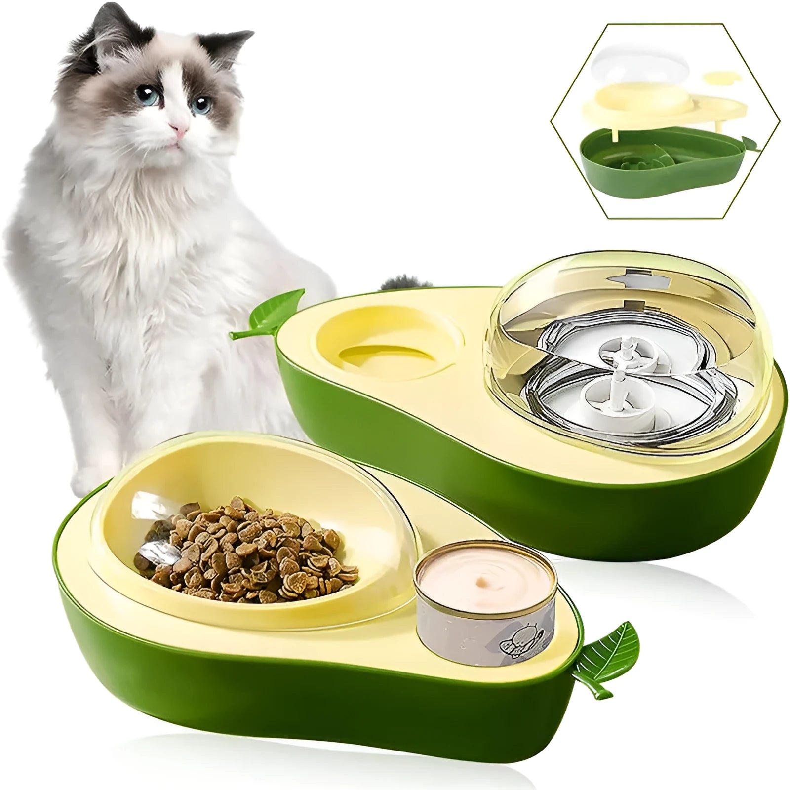 Green avocado-shaped pet feeder with automatic water bottle and separate food bowls