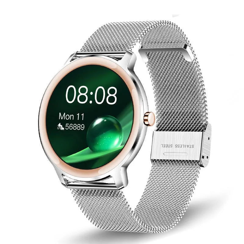 Women's rose gold smart watch with stainless steel mesh strap showing 1.3-inch touch screen display