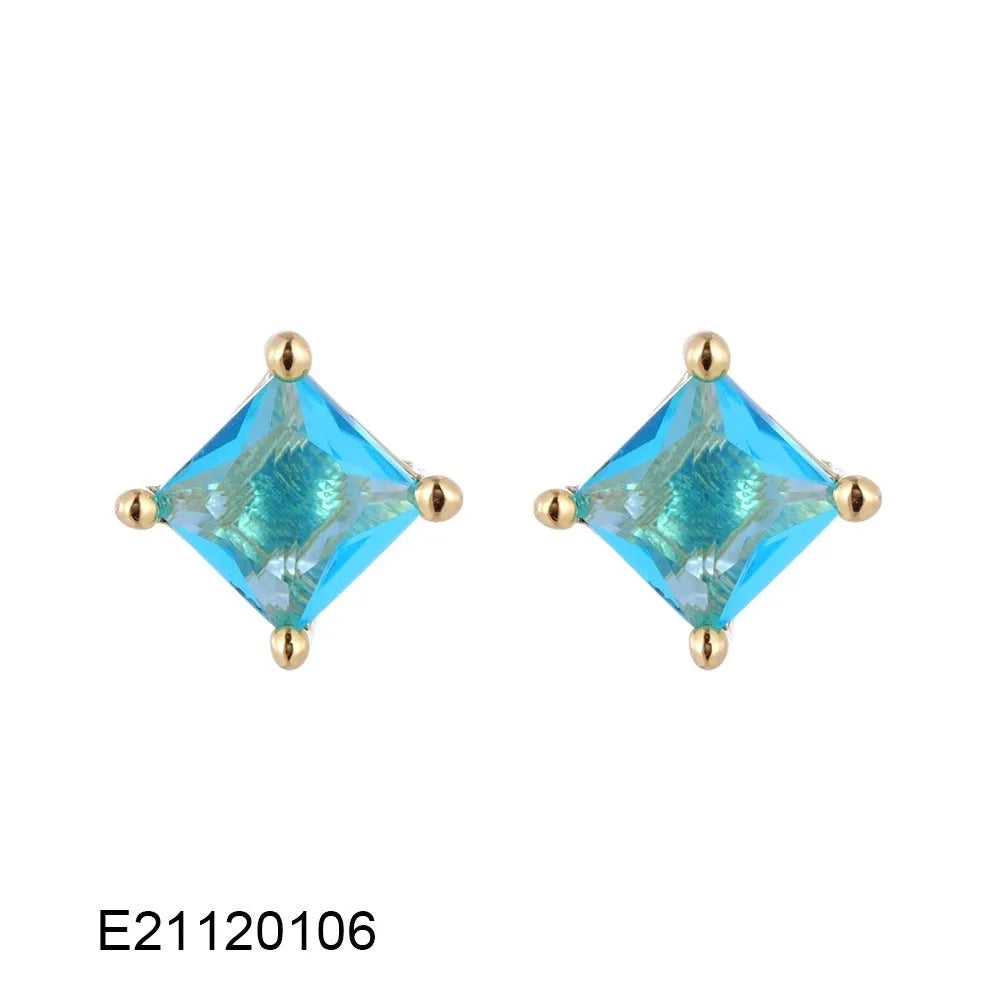 A pair of brass gold-plated drop earrings with a candy-coloured pear-shaped zircon stone.