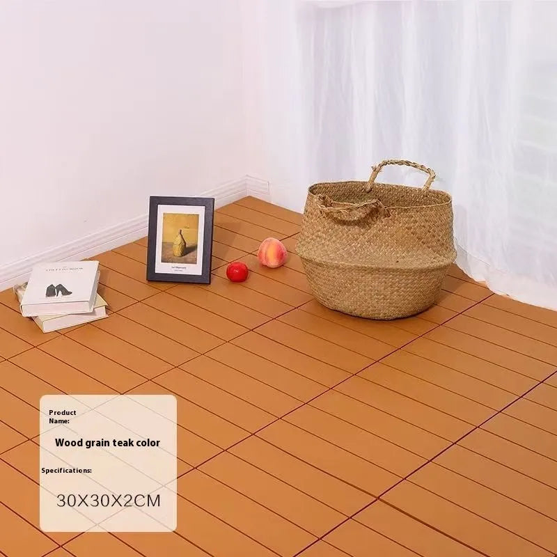 Plastic interlocking floor tile with wood grain finish and non-slip surface, 300mm x 300mm size