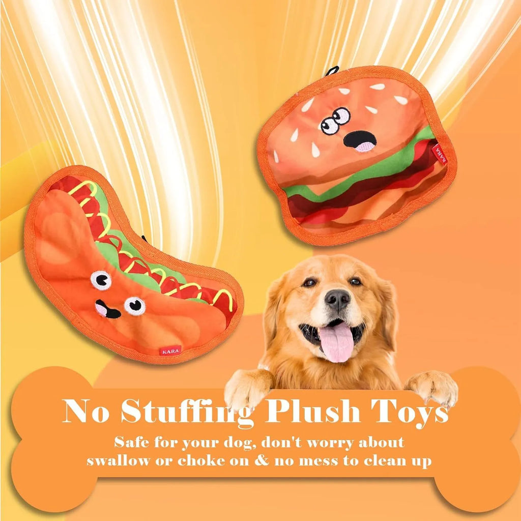 Colourful crinkle and squeak dog toy in a fast-food burger shape on a white background.