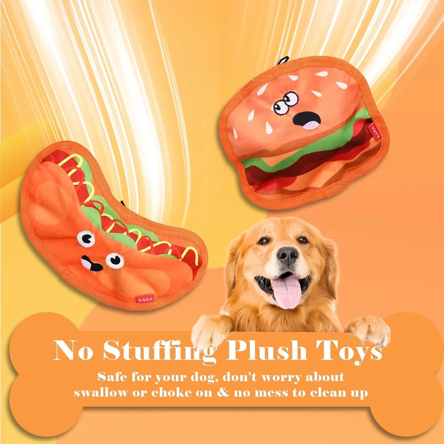 Colourful crinkle and squeak dog toy in a fast-food burger shape on a white background.