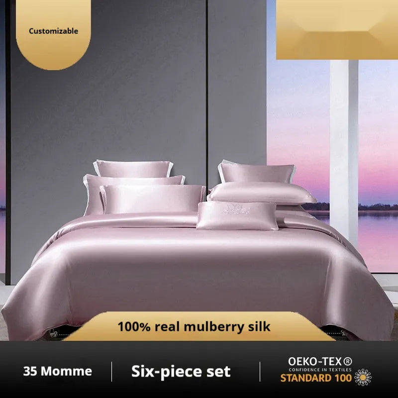 Household Fashion solid colour silk duvet cover and pillowcases on a bed, showing concealed zip detail.