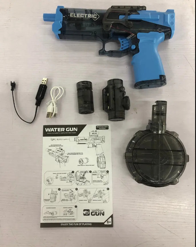 Fire Rat electric water pistol toy in black blue red colours with automatic water feed system