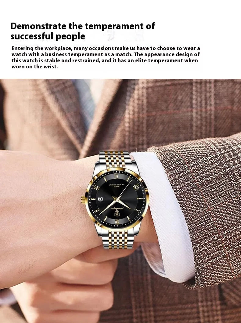 Men's waterproof luminous calendar quartz watch with precision steel case and mineral reinforced mirror