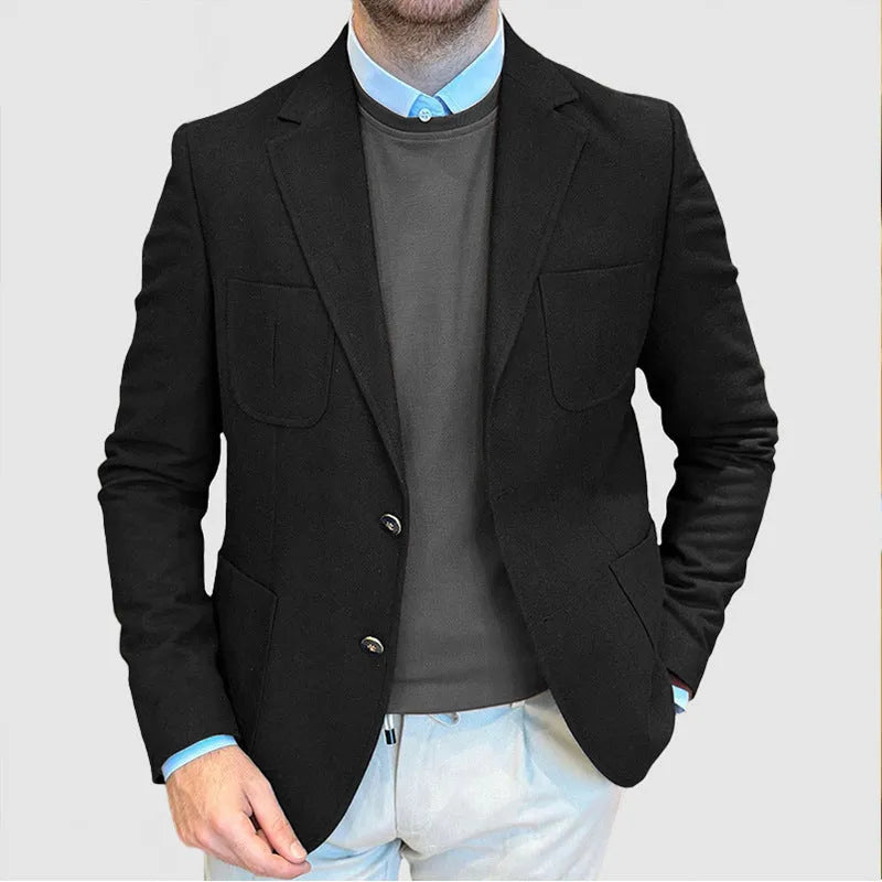 Men's loose fit cotton suit jacket in army green, shown on a hanger.