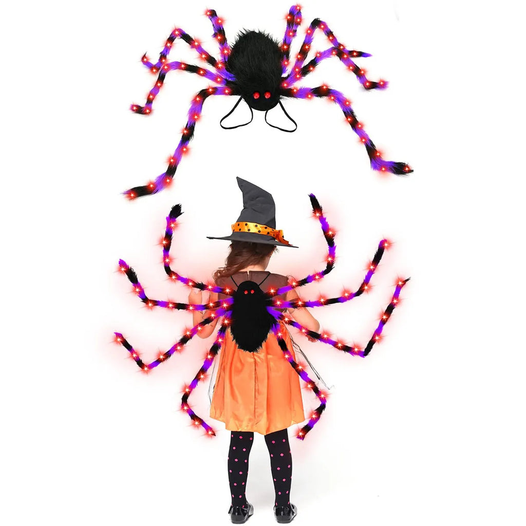 Plush Halloween spider backpack with LED lights in green, shown at 125cm length.