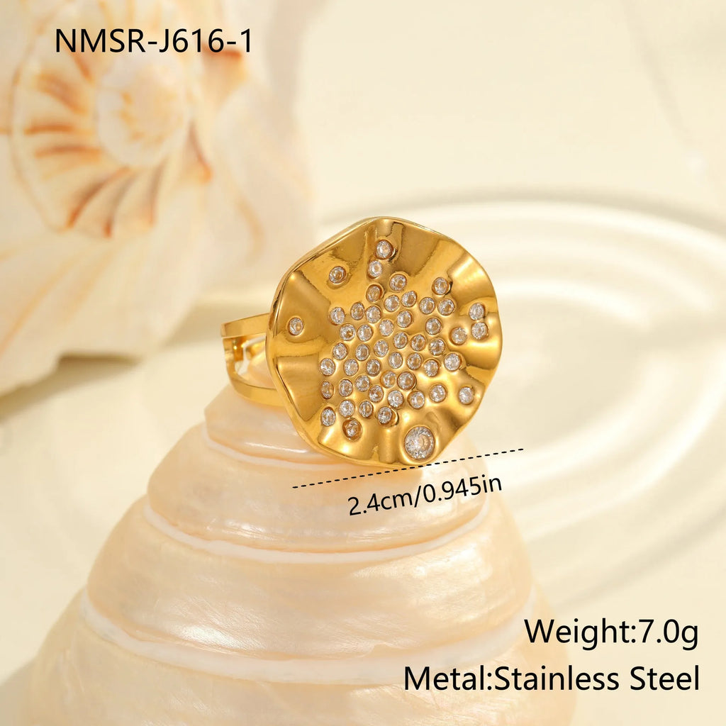 Pleated geometry stainless steel ring with colour diamond inlay and open mouth adjustable design