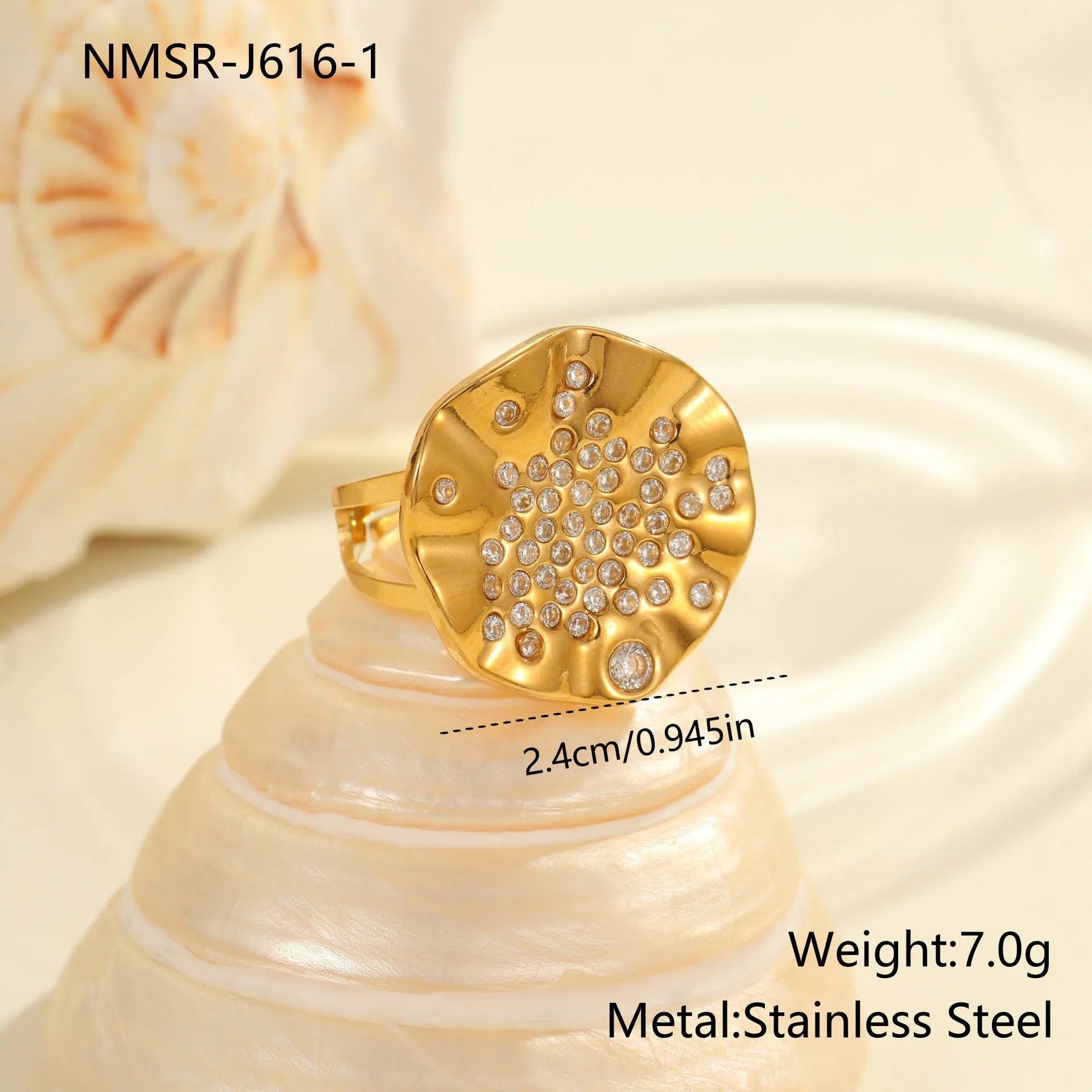 Pleated geometry stainless steel ring with colour diamond inlay and open mouth adjustable design