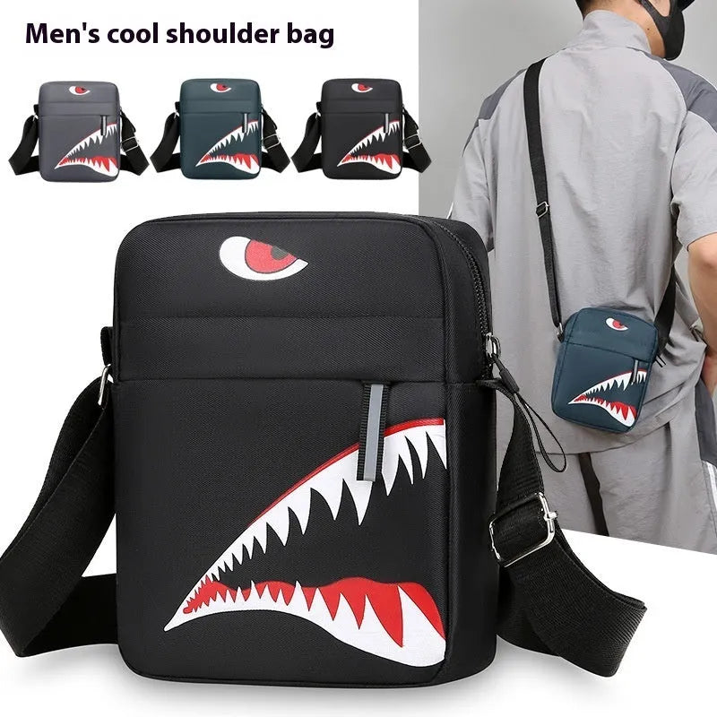 Men's small black Oxford cloth crossbody bag with animal print design and shoulder strap