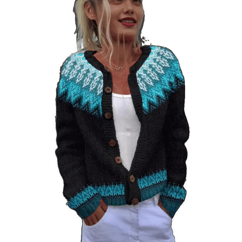 Yellow digital print cardigan coat with 3D pattern effect, shown on a hanger.