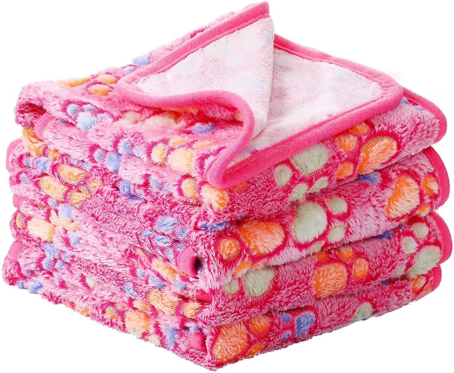Coral fleece pet blanket with dog paw print pattern shown in beige colour, lying flat to show size