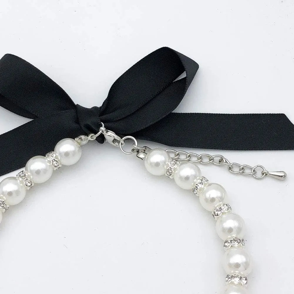 Small dog wearing an adjustable blue imitation pearl and rhinestone necklace with a ribbon bow.
