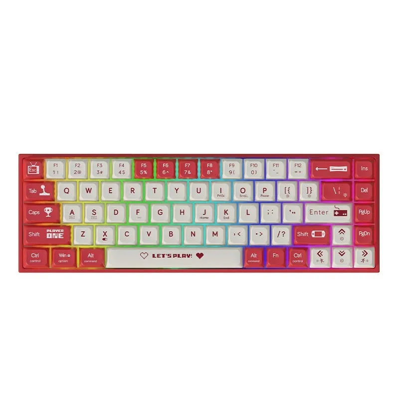 Ajazz AK680 red and white mixed colour hot-swappable mechanical gaming keyboard on a desk.