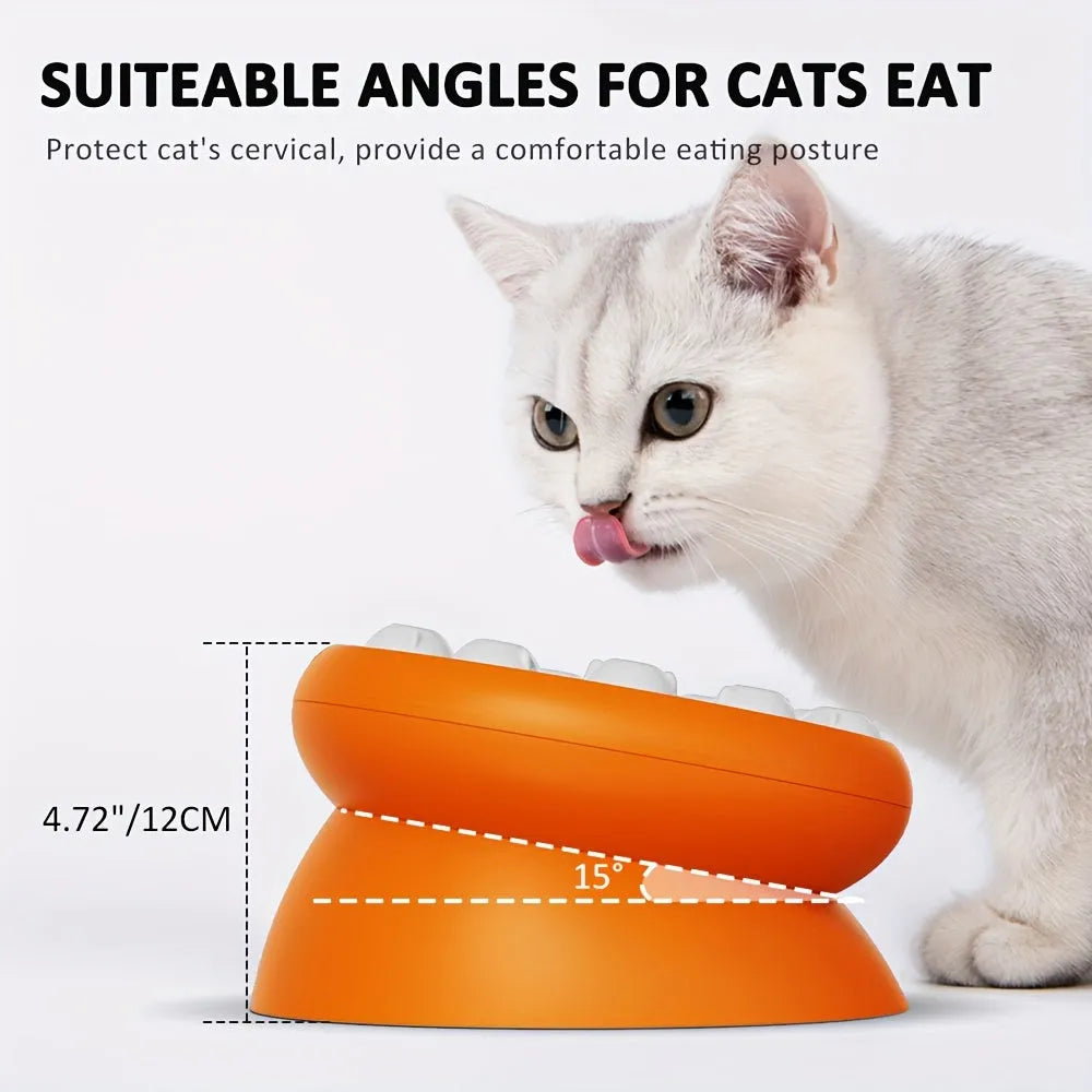 Interactive cat slow feeder raised bowl 15-degree tilt orange colour 210x210x121mm