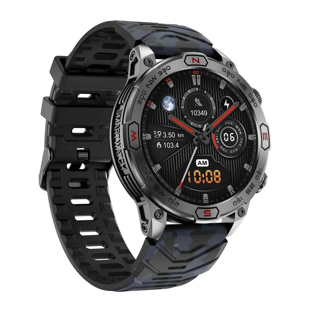 Sports smartwatch with AMOLED display on a silicone strap, showing a fitness tracking interface.