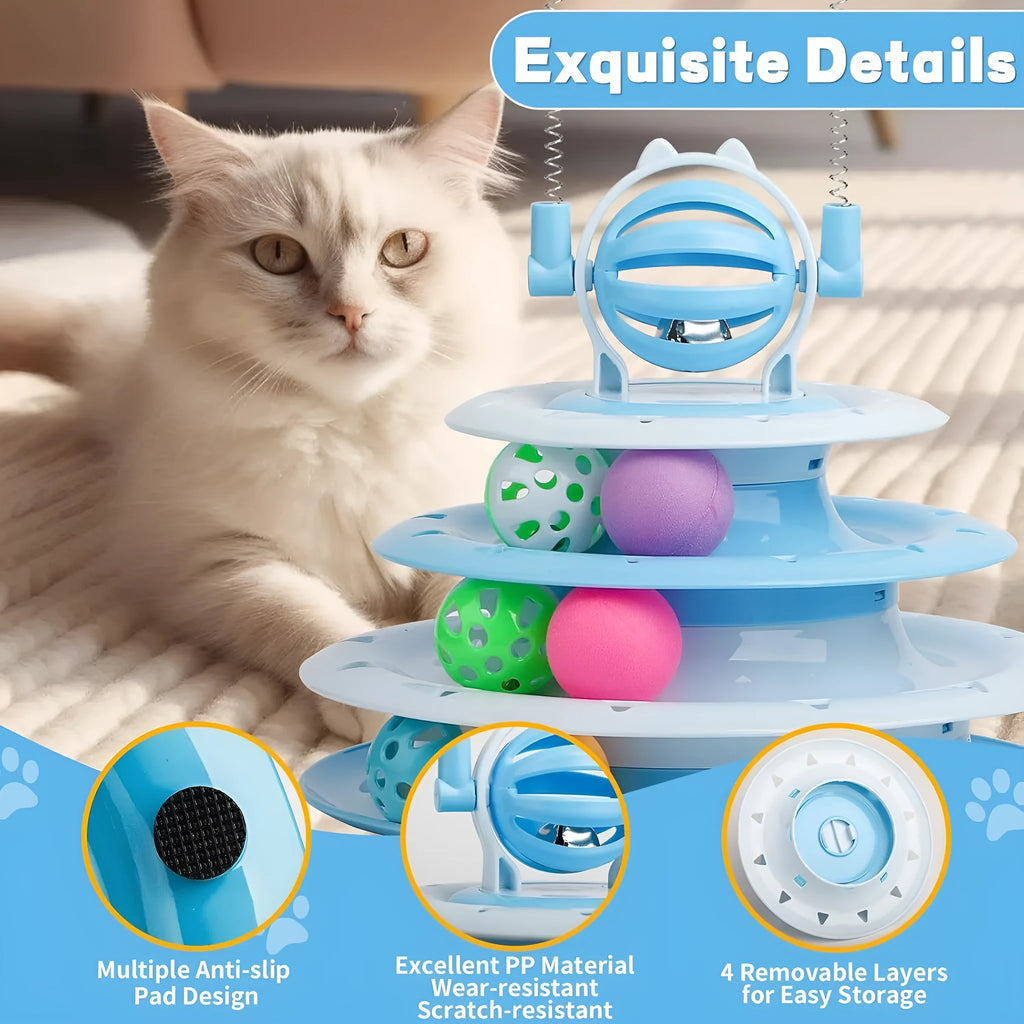 Blue 4-tier interactive cat toy carousel with balls and teasing rods