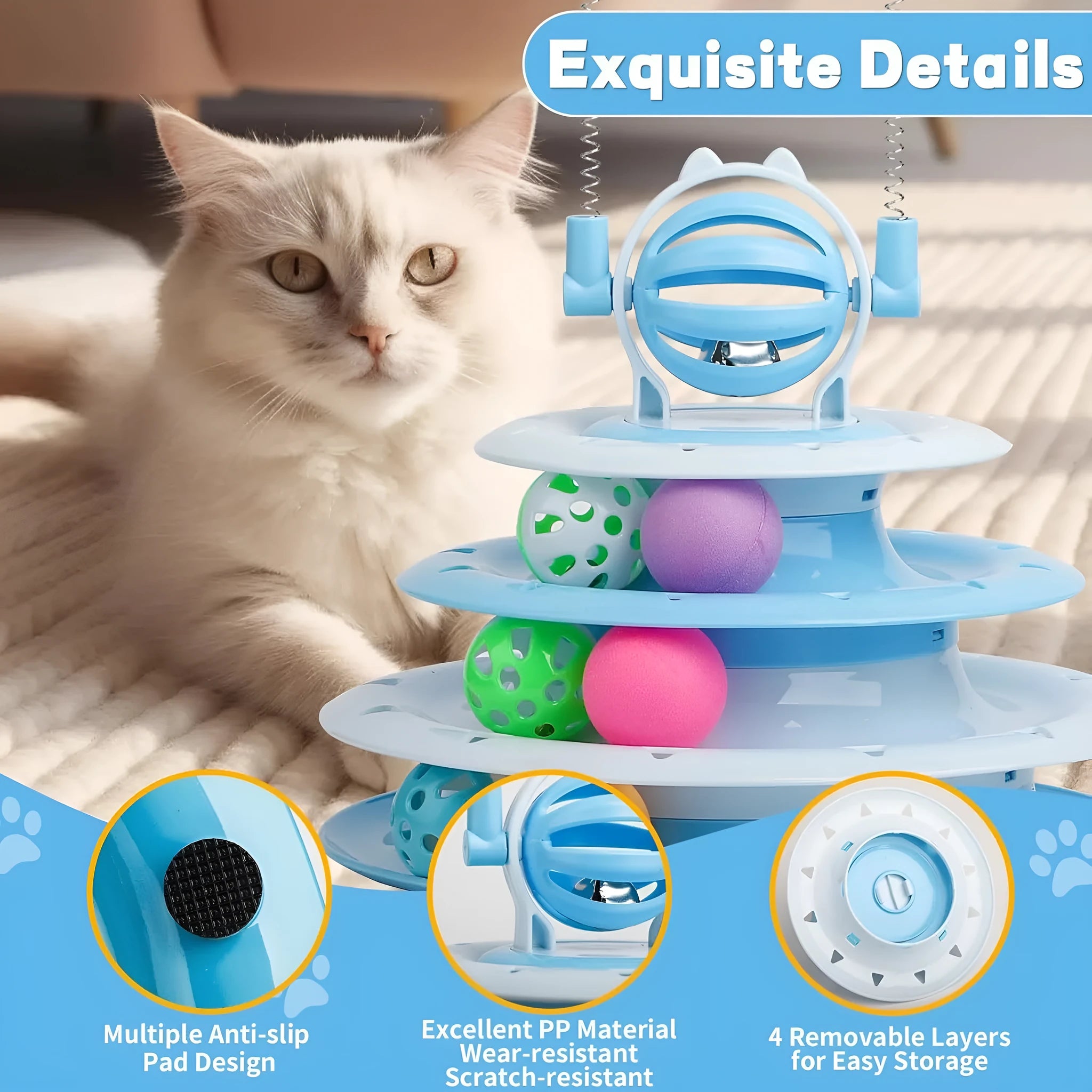 Blue 4-tier interactive cat toy carousel with balls and teasing rods