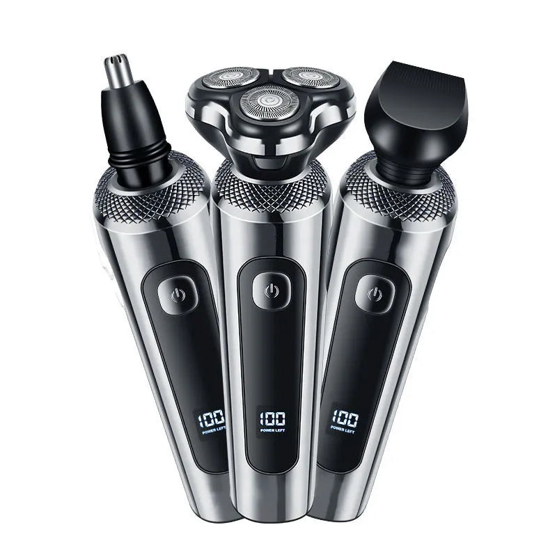 USB rechargeable beard trimmer with digital display and washable floating head on a stand.