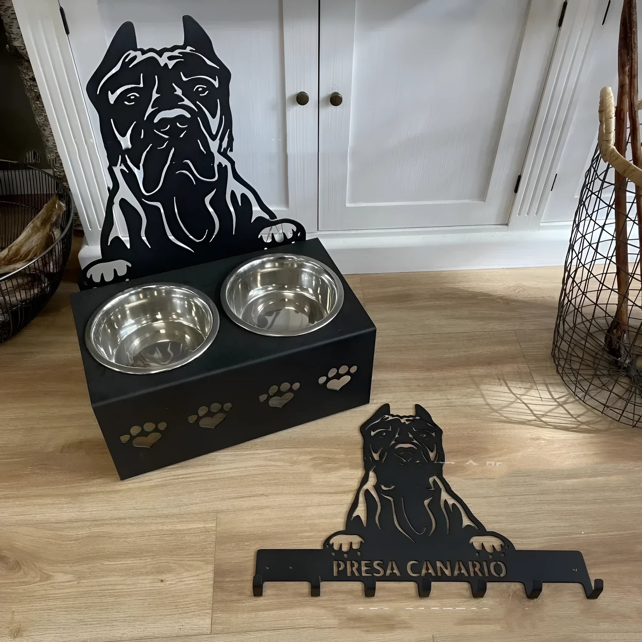 Personalised dog bowl with custom name engraving on iron stand and stainless steel bowl