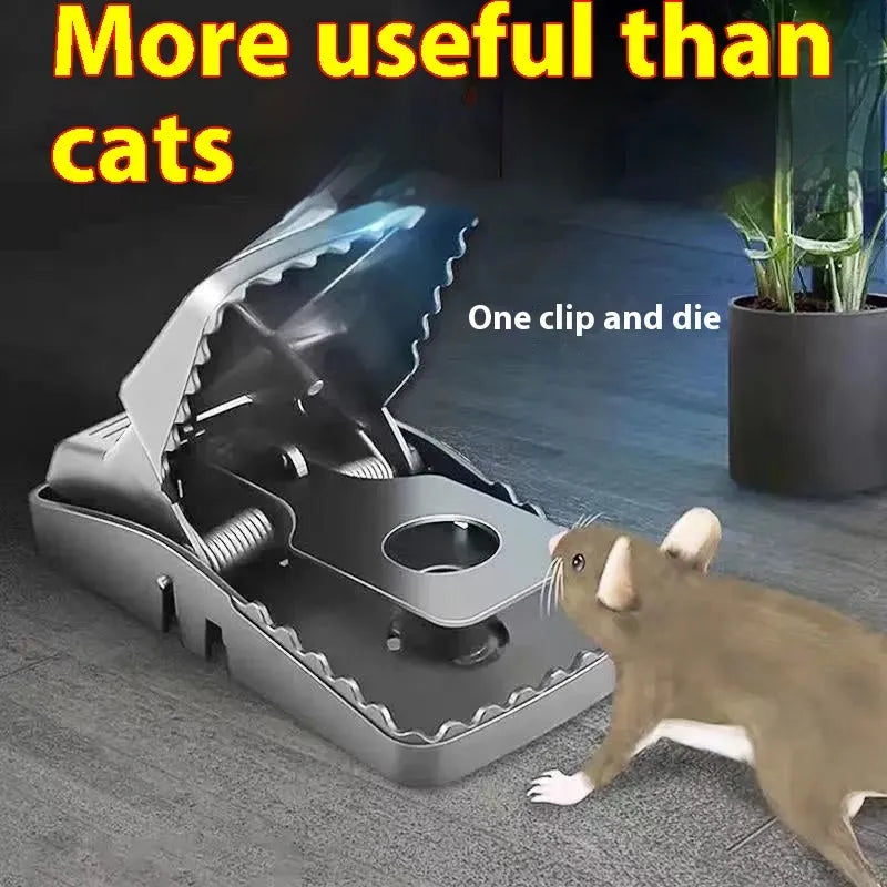 Automatic reset mouse cage trap in plastic and iron designs, shown in small, medium, and large sizes.