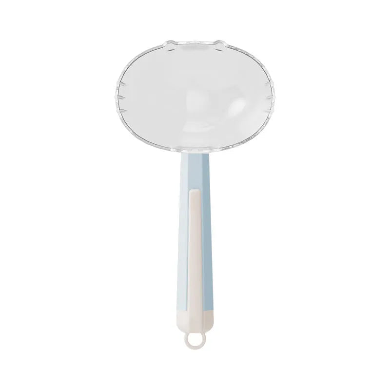 Blue pet food spoon with metal clip attached to a dog food tin.