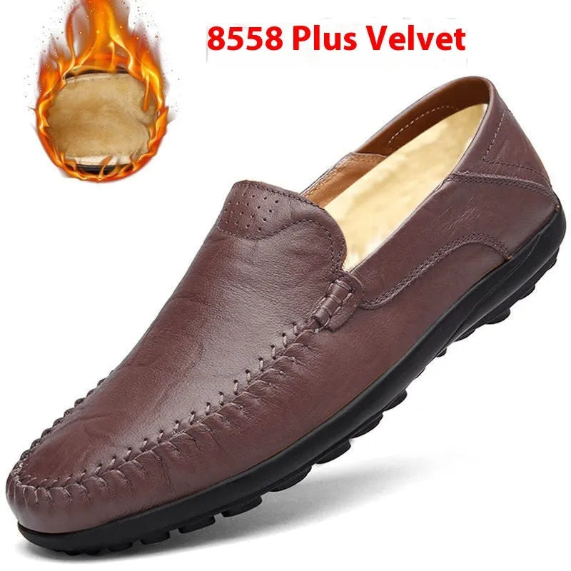 Men's cowhide leather shoes with round toe and flat heel in black, brown, and dark brown colour options