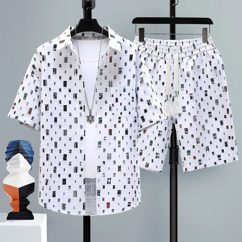 Men's casual sports shorts two-piece set in polyester, showing short sleeve top and matching shorts.