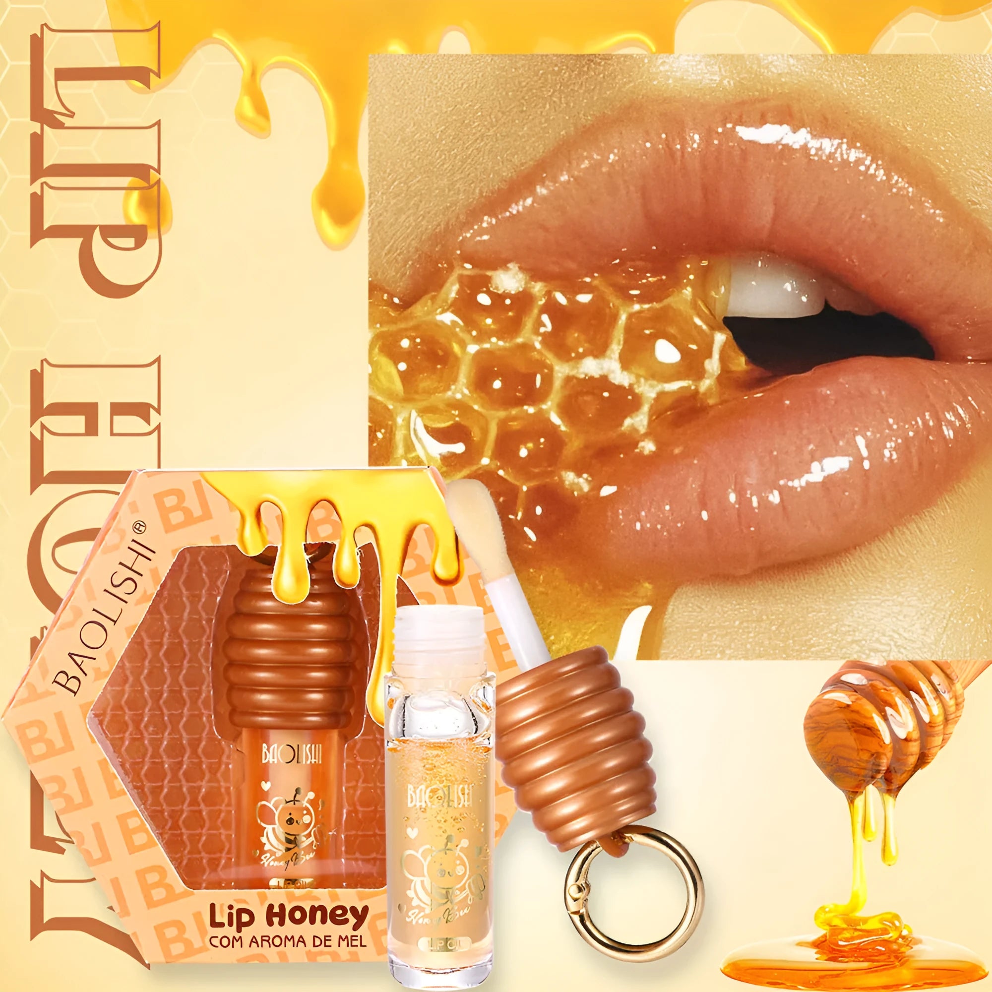 Honey lip gloss portable keychain with attached pannier bag for moisturising lip care