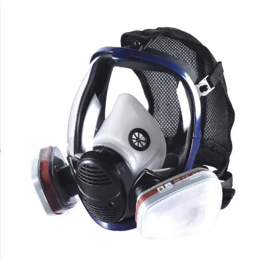 Blue edge spherical full gas mask with trapezoidal canister design and silicone construction