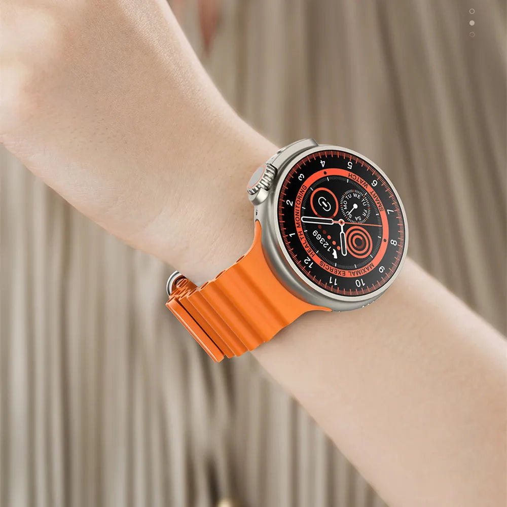 K9 smart watch with circular screen showing health metrics and payment functions on silicone strap