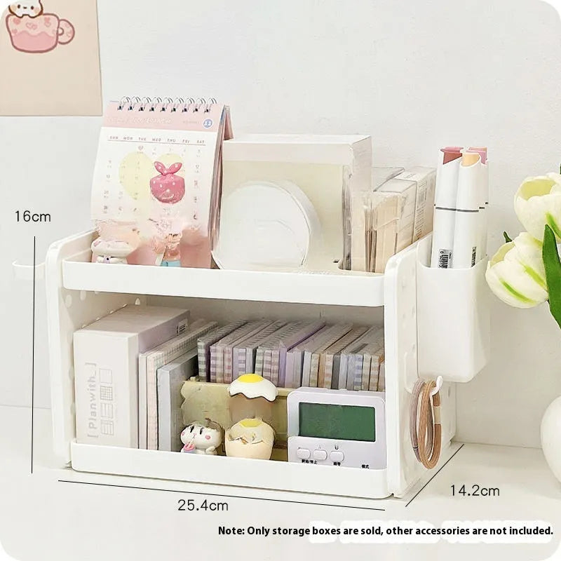 Beige plastic desktop storage rack with wire-wrap shelf, pen containers and hooks, 2-layer or 3-layer desk organiser
