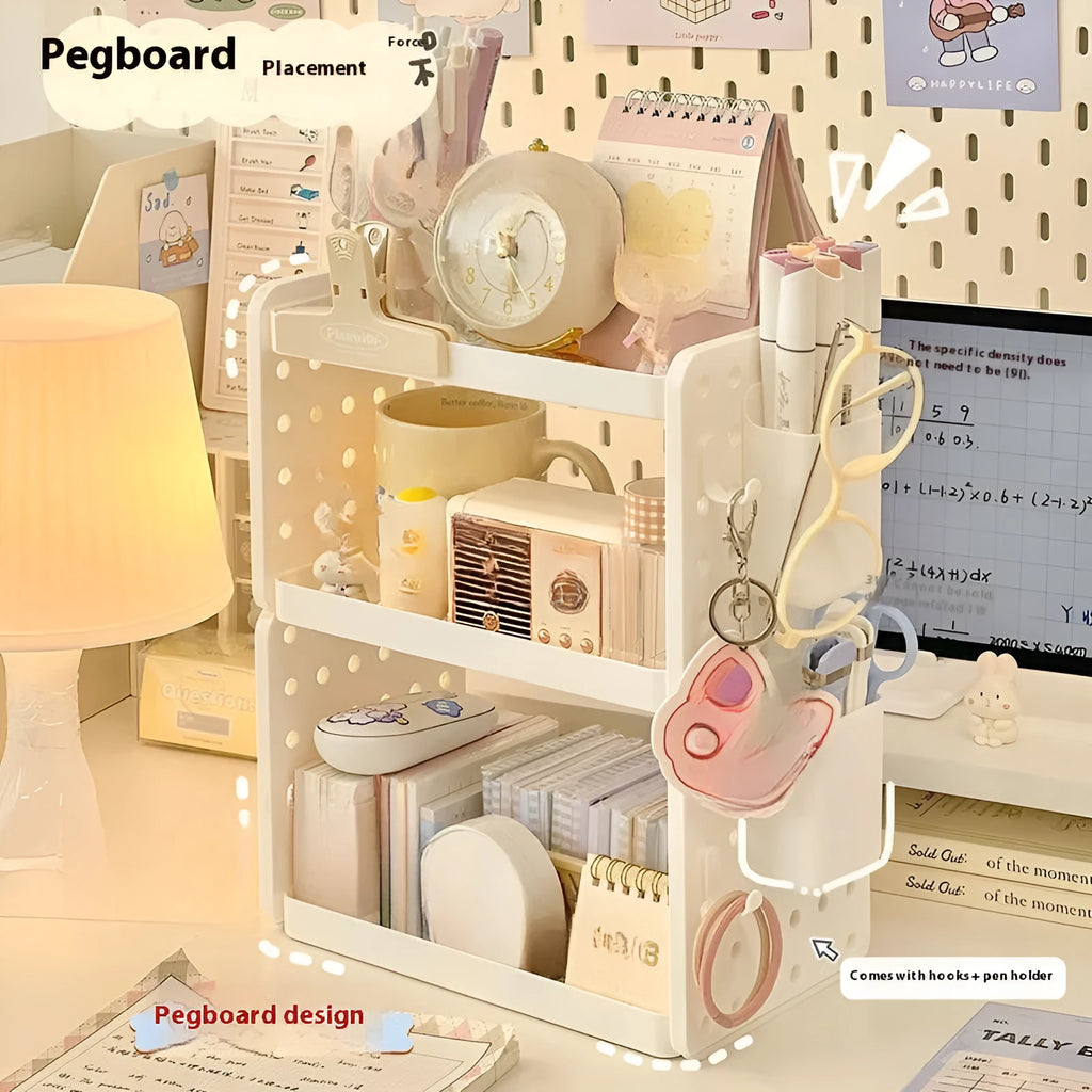 Beige plastic desktop storage rack with wire-wrap shelf, pen containers and hooks, 2-layer or 3-layer desk organiser