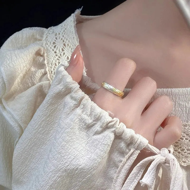 White copper adjustable open mouth ring with Xiangyun cloud patterns and geometric fairy style design
