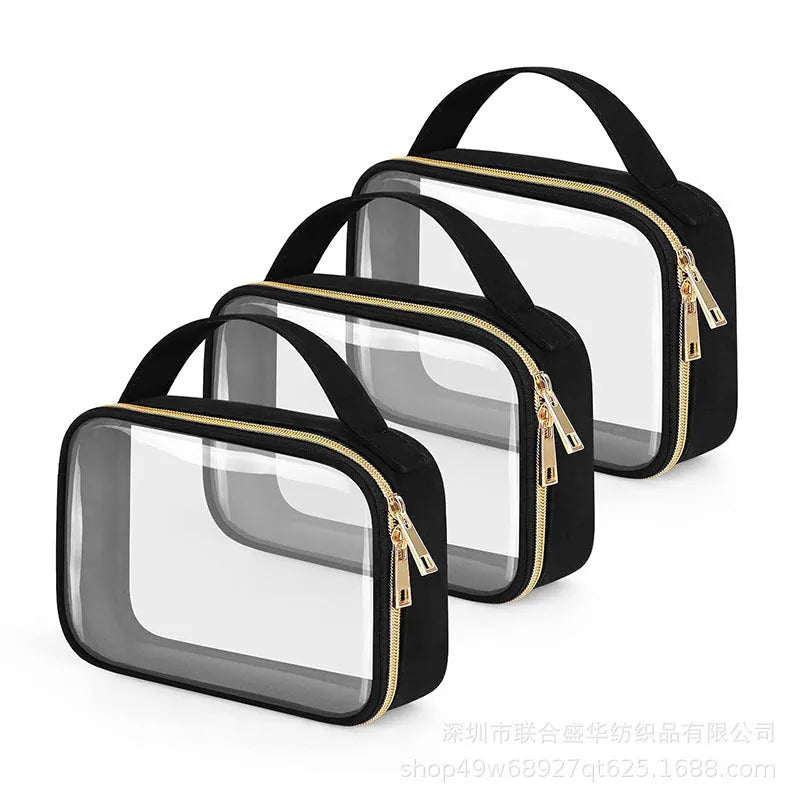 Transparent PVC lipstick storage bag with a metal chain handle, shown in multiple colour options.