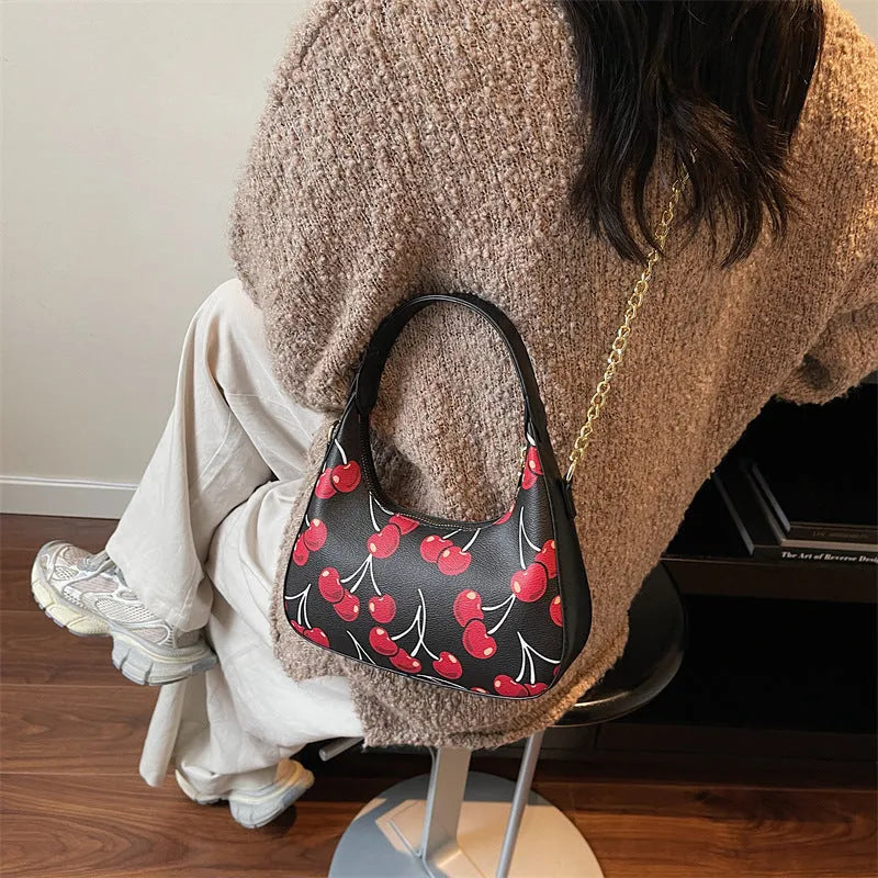 Autumn printed fashion underarm tote bag in beige with stitching details and double shoulder straps