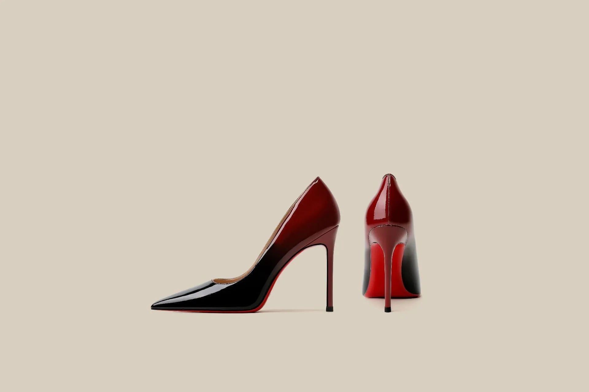 Patent leather black red gradient high heels with stiletto heel and pointed toe in super high heel style