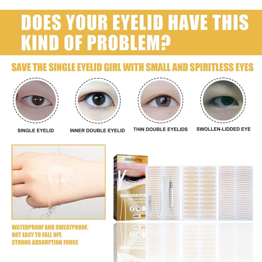 Double eyelid sticker set with 480 invisible pieces, Y clip, small clip, spray bottle and styling cream for natural eyelid crease