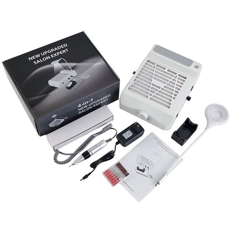 White four-in-one nail polishing machine with vacuum cleaner for salon and home nail treatments