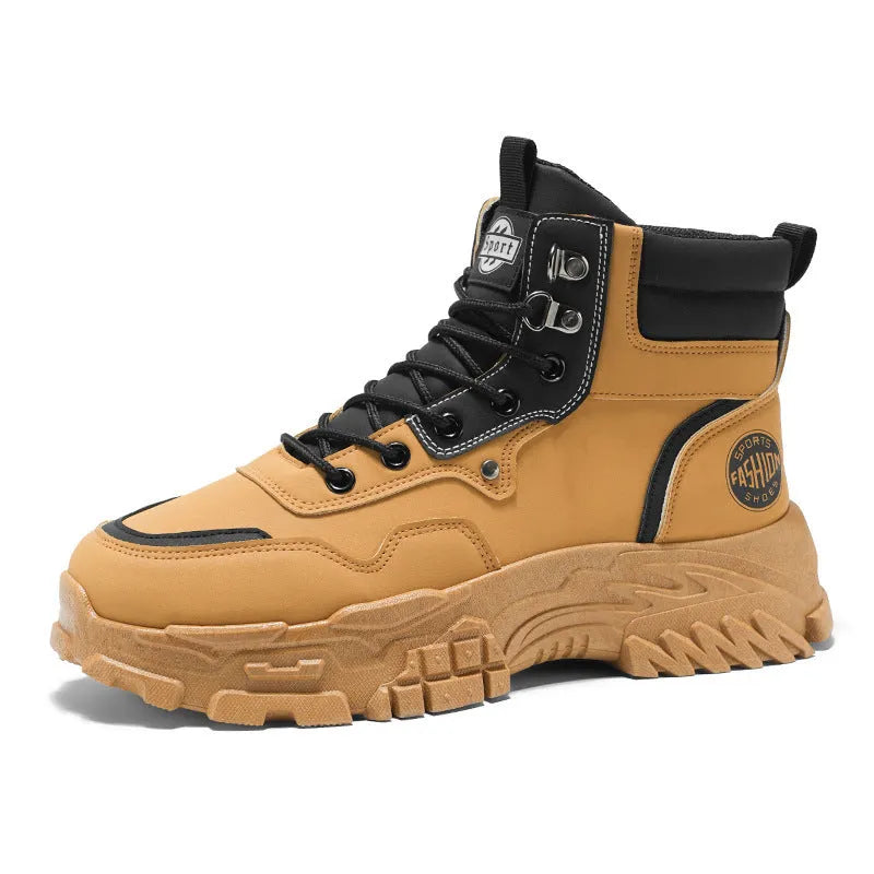 Men's black and yellow Martin boots with artificial PU upper and middle calf length