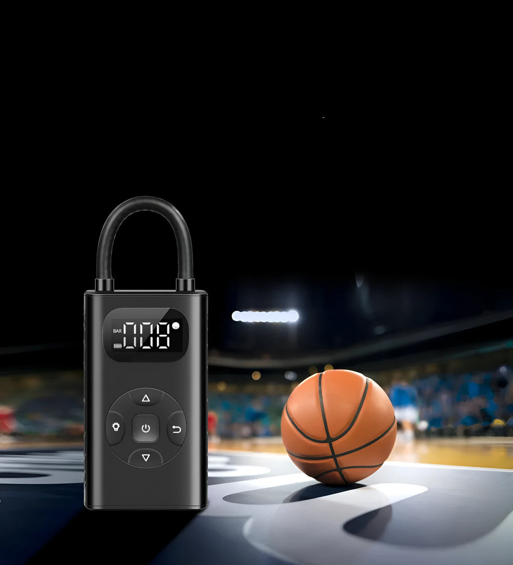 Black cuboid portable power bank tyre inflator with USB cable and extended inflation tube