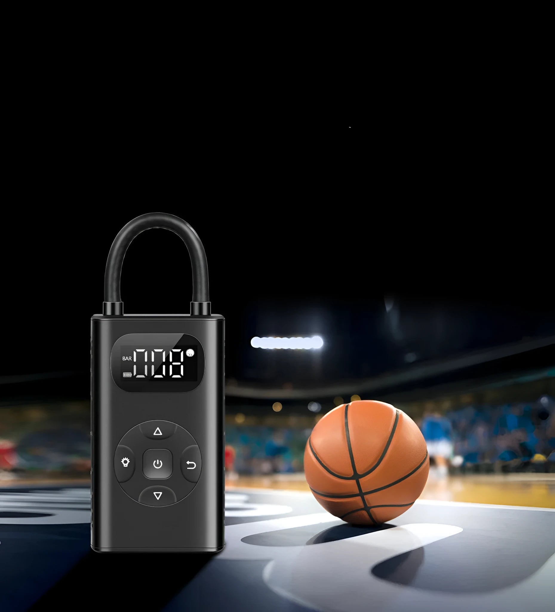 Black cuboid portable power bank tyre inflator with USB cable and extended inflation tube