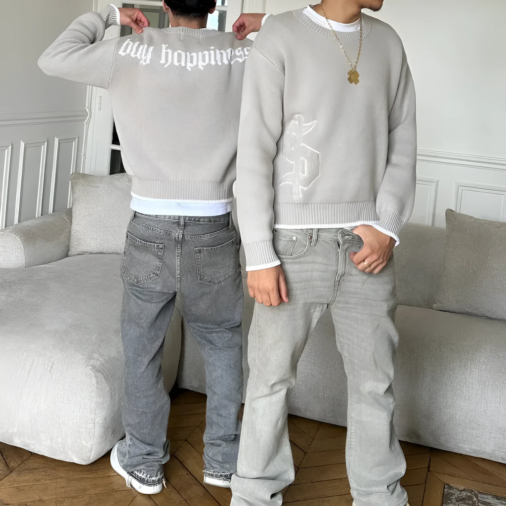 Grey jacquard knitwear coat loose fitting pullover long sleeves