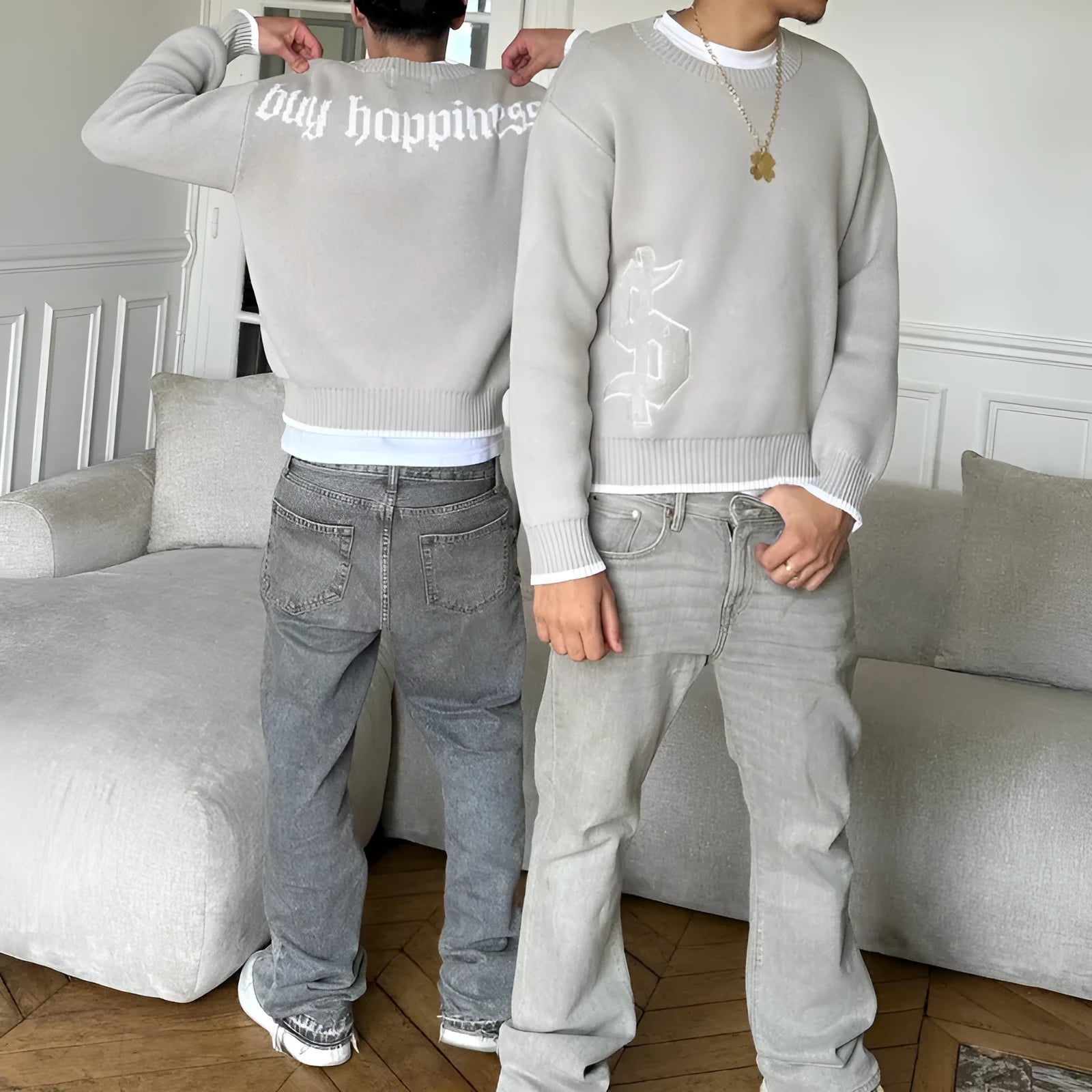 Grey jacquard knitwear coat loose fitting pullover long sleeves