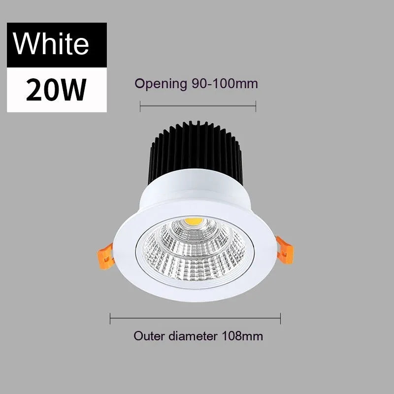 LED embedded ceiling spotlight with aluminium housing showing three colour temperature options and hole size measurements