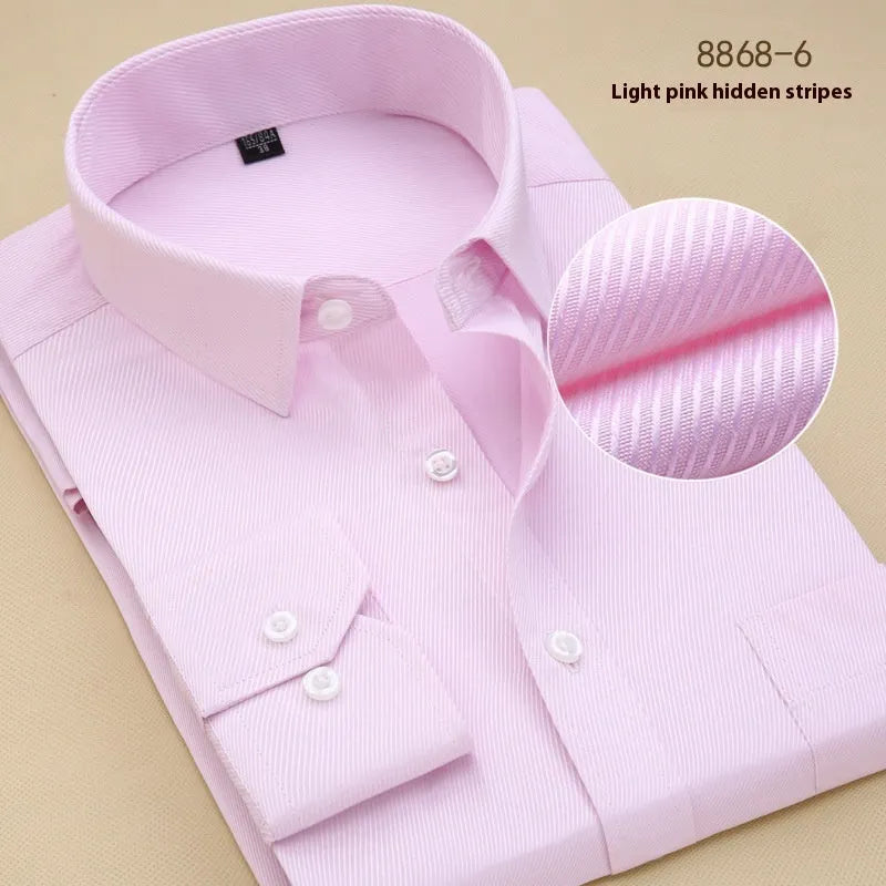 Men's black slim fit long sleeve business shirt made from cotton fabric.