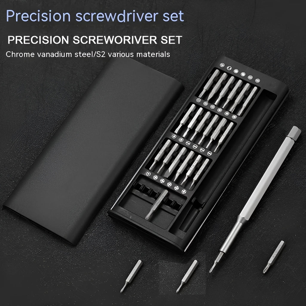 24-in-1 precision magnetic screwdriver set with aluminium and plastic handles for electronics repair.