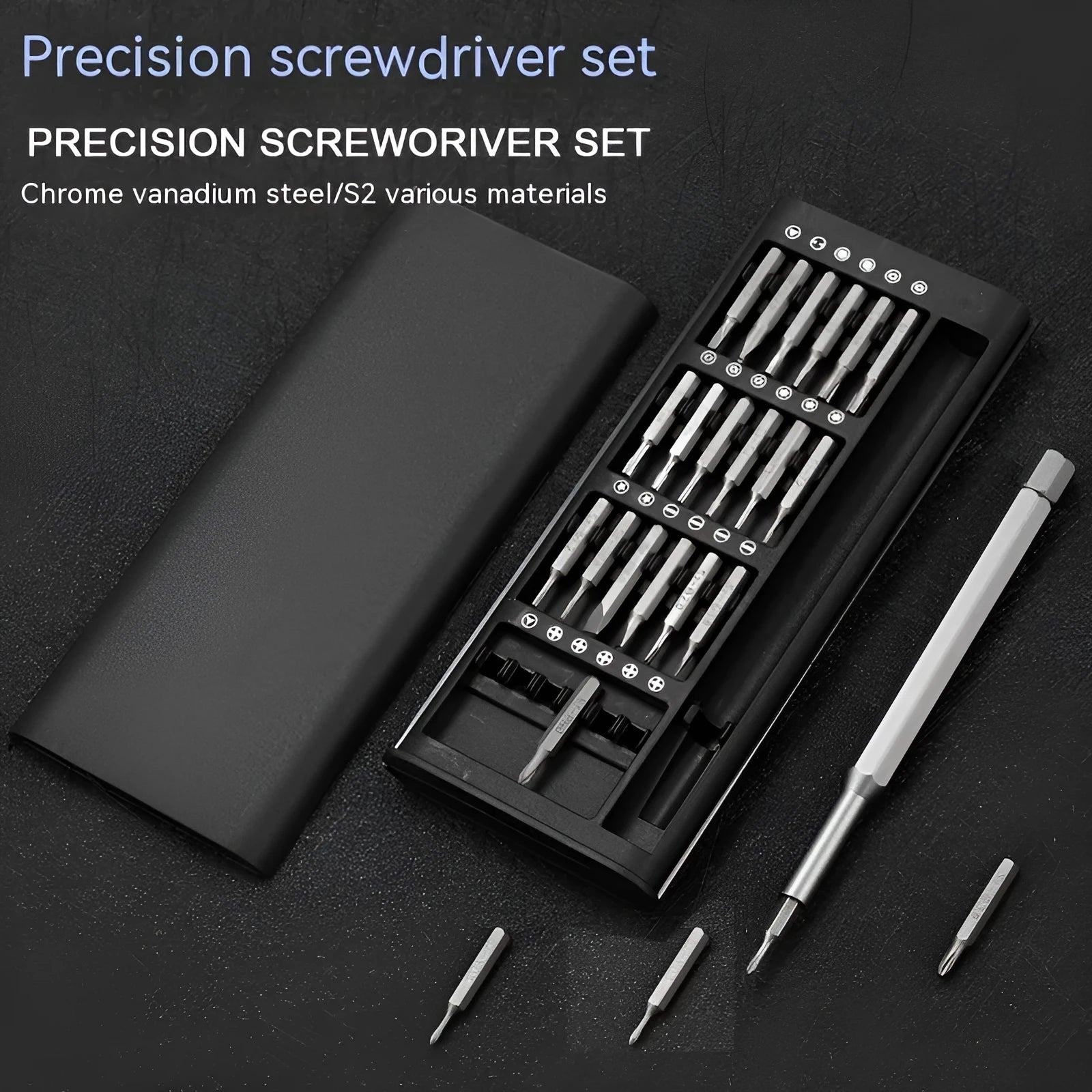 24-in-1 precision magnetic screwdriver set with aluminium and plastic handles for electronics repair.
