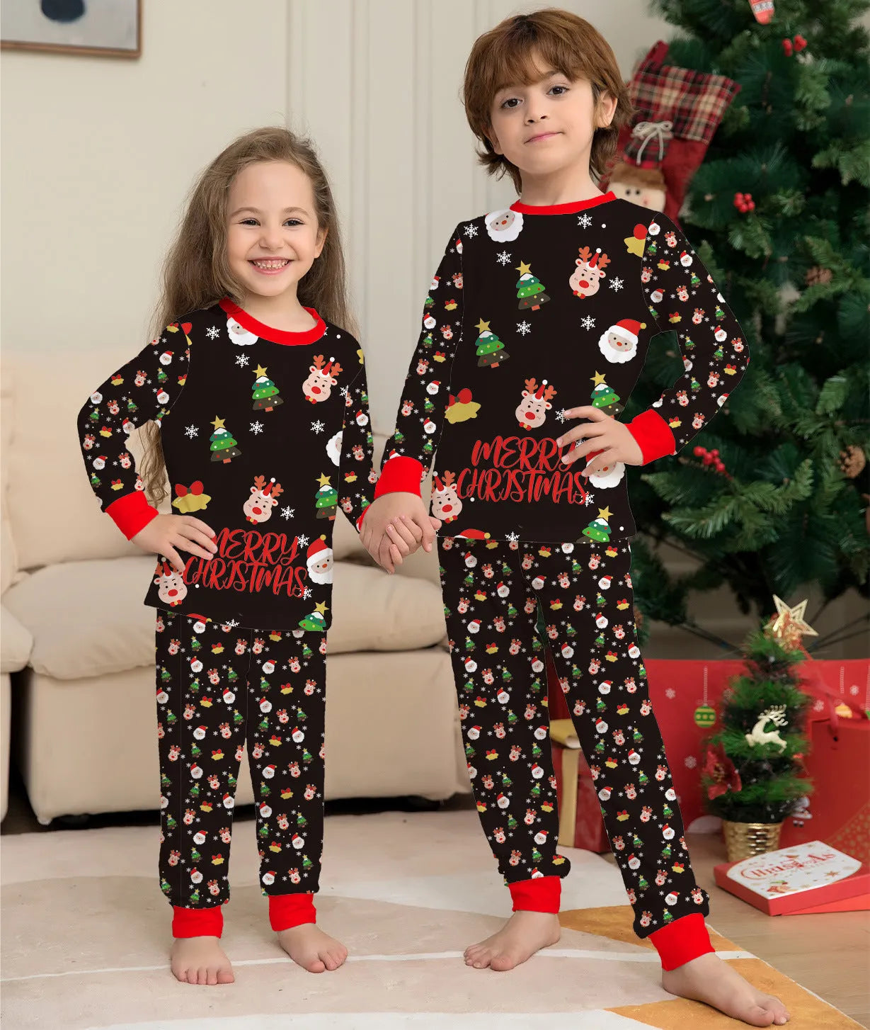 Family Christmas matching pajamas set in 95% cotton with plaid and cartoon designs for parents, children, and dogs